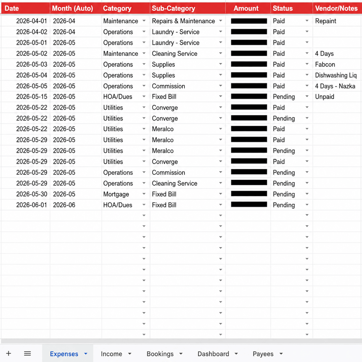 Property management expense tracker in Google Sheets, with amounts hidden