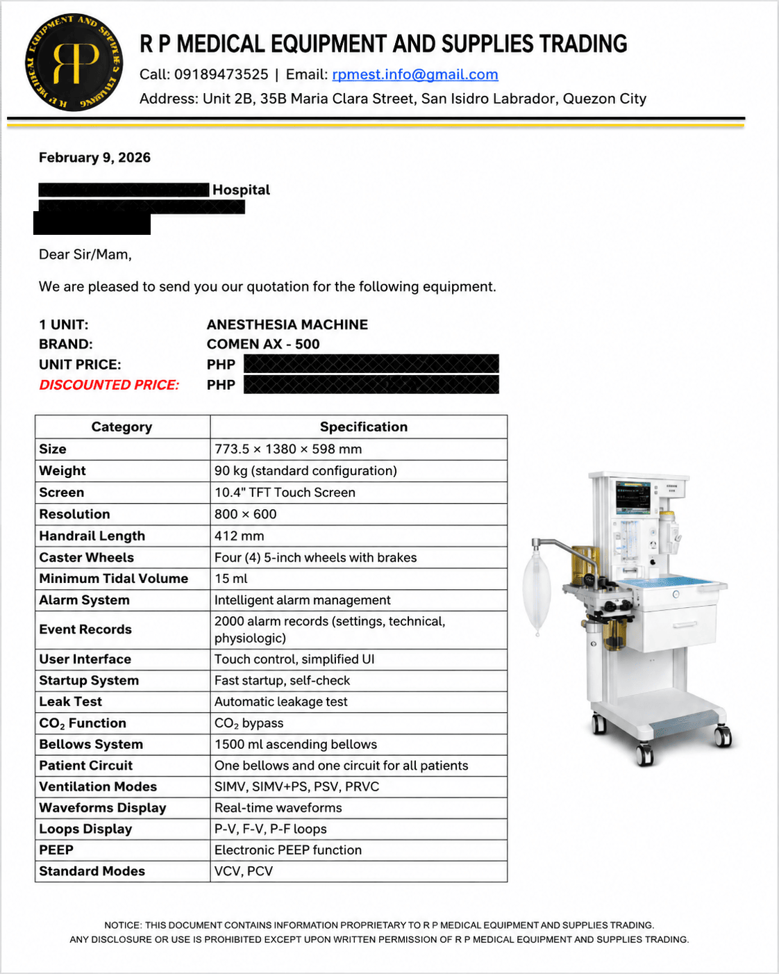 Commercial quotation document with customer details and pricing anonymized