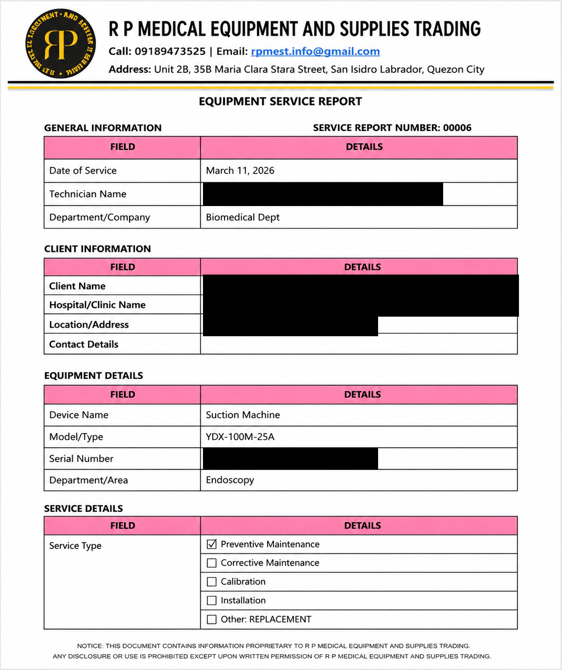Equipment service report with customer details anonymized