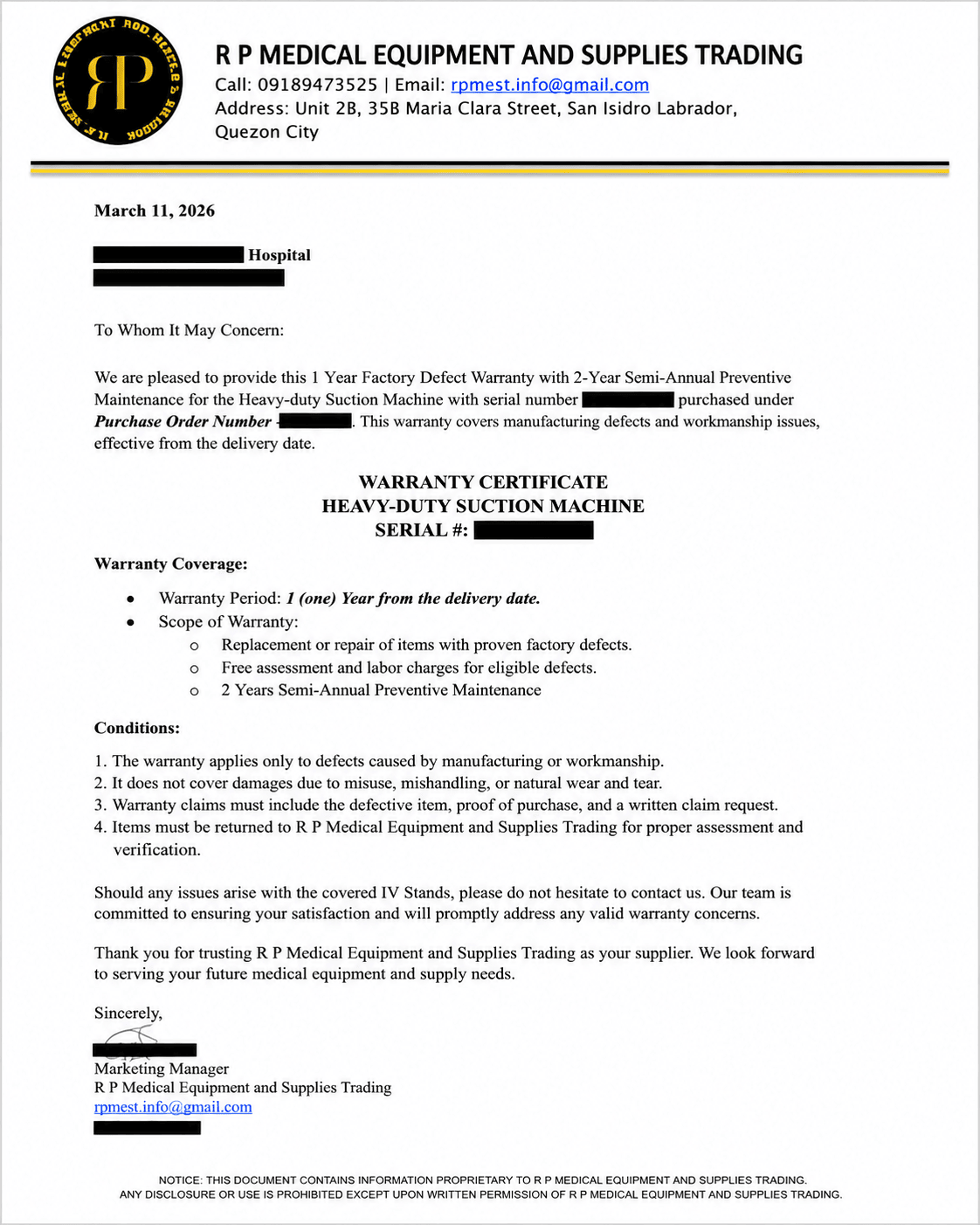 Warranty certificate document with customer details anonymized
